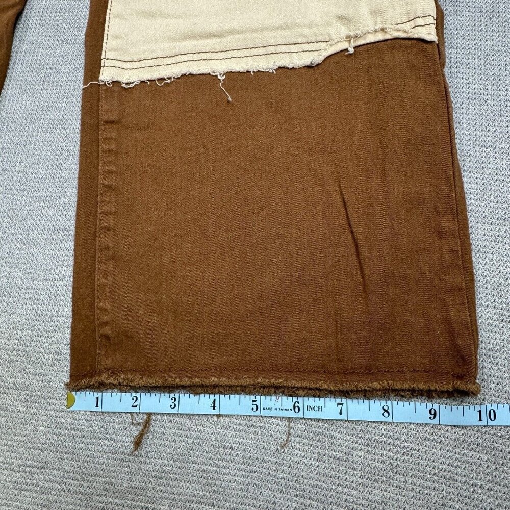 Almost Famous Patchwork Denim Jeans Womens Size 11 Brown Tan Raw Edge High Rise - Picture 13 of 14